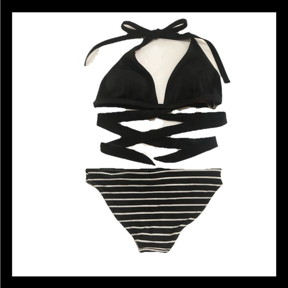 VINTAGE Victoria's Secret PINK Black Wrap Bikini Top & Aerie Striped Bottom XS - Picture 2 of 10